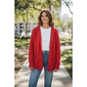Eileen Fisher Red v neck wool hoodie sweater swacket jacket style cardigan sz M